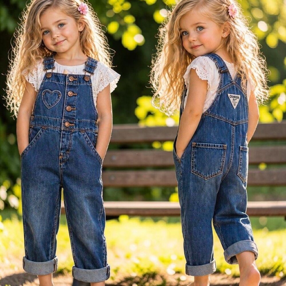 OshKosh B’gosh 2T Girls Denim Jean Bibs Overalls  Heart Pocket Button Cotton